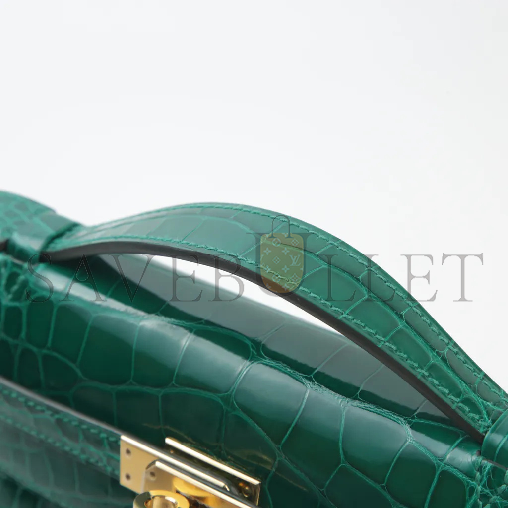 H**mes master kelly pochette vert emeraude crocodile leather gold buckle (22*14*7cm)